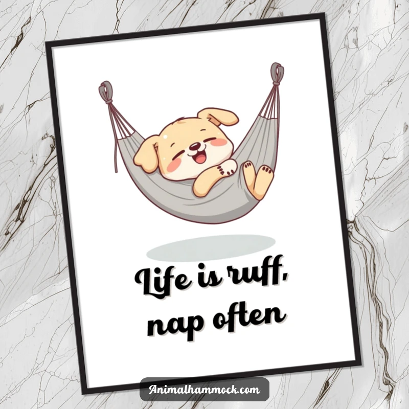 Funny Free Printable Wall Art: Delighted dog blissfully napping in a stretched hammock, embodying perfect relaxation.