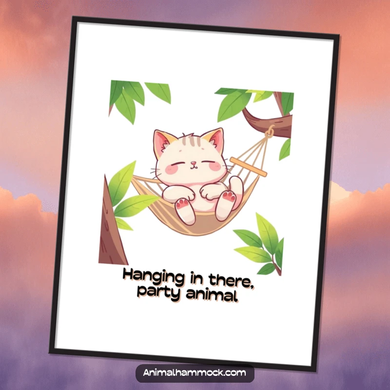 Funny Free Printable Wall Art: Euphoric cat lounging deeply in a swaying hammock, exuding ultimate relaxation and joy.