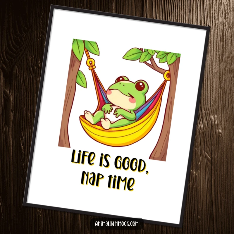 Funny Free Printable Wall Art: A small frog serenely lounging in a brightly colored hammock, humorous downloadable decor.