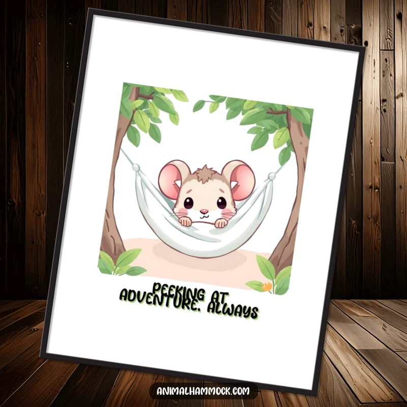Funny Free Printable Wall Art: A curious mouse peeking coyly from under a hammock blanket, humorous downloadable decor.