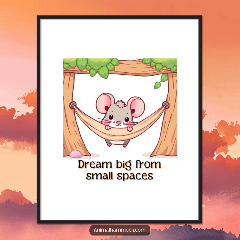 Funny Free Printable Wall Art: A determined mouse peeking curiously from beneath a hammock, creating a humorous and secretive scene.