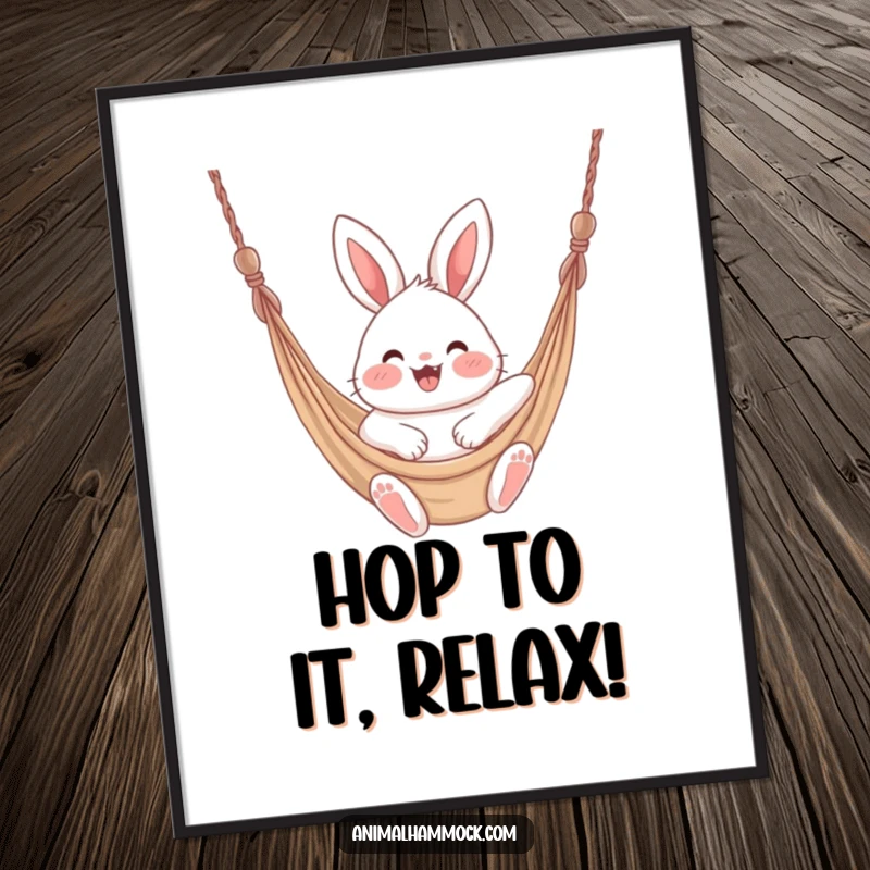 Funny Free Printable Wall Art: Energetic fluffy bunny with rosy cheeks joyfully swinging in a hammock.