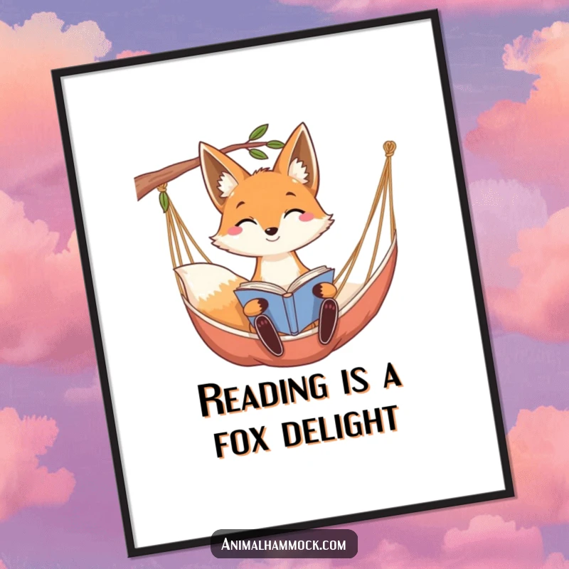 Funny Free Printable Wall Art: Smiling fox with long ears relaxing deeply while reading in a hammock.