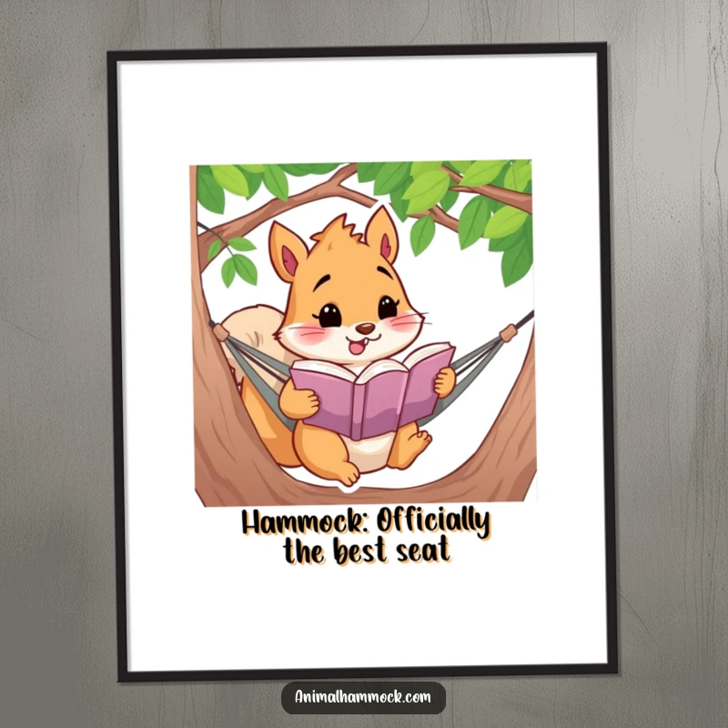 Funny Free Printable Wall Art: A cheerful squirrel relaxing with a book in a hammock, humorous downloadable decor.