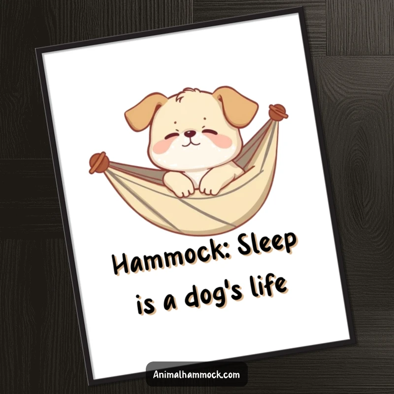 Funny Free Printable Wall Art: A giggling puppy soundly sleeping in a hammock, creating a scene of ultimate comfort and humor.