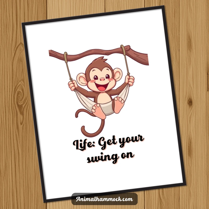 Funny Free Printable Wall Art: An energetic monkey gleefully swinging from a hammock, capturing a moment of pure, playful joy.