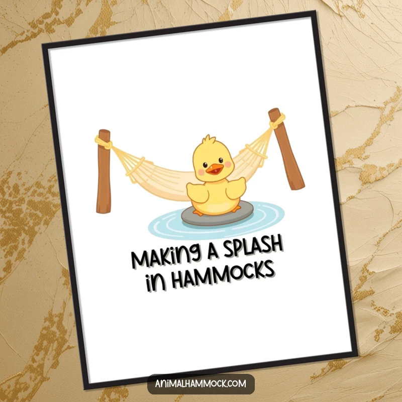 Funny Free Printable Wall Art of a playful duckling happily paddling in water, with a hammock visible nearby.