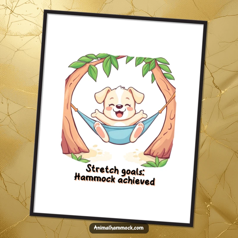 Funny Free Printable Puppy Wall Art: Playful puppy character doing a joyful stretch while lounging in a hammock, an energetic addition.