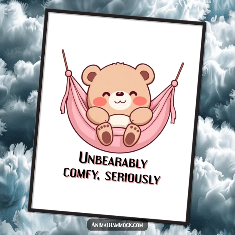 Funny Free Printable Wall Art: Content bear sinking into a plush hammock with a smile, radiating pure contentment and peace.