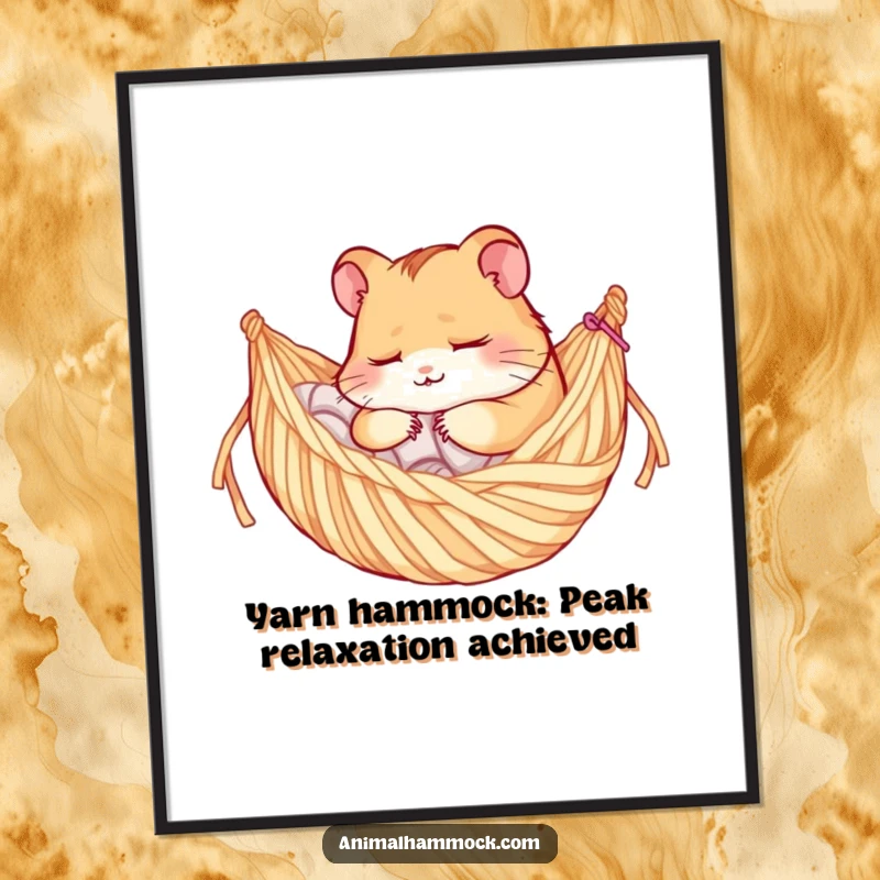 Funny Free Printable Wall Art: A cute, sleepy hamster contentedly resting in a yarn hammock, perfect for cozy home decor.