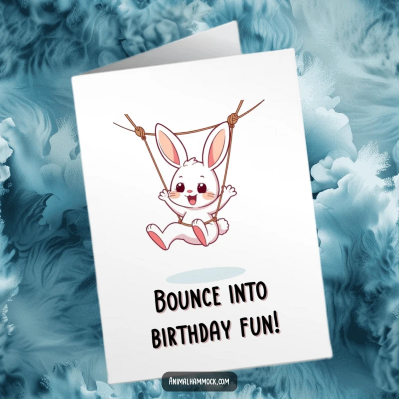 Funny Free Printable Birthday Card of a gleeful bunny dangling and kicking its legs joyfully in a hammock, celebrating a birthday.