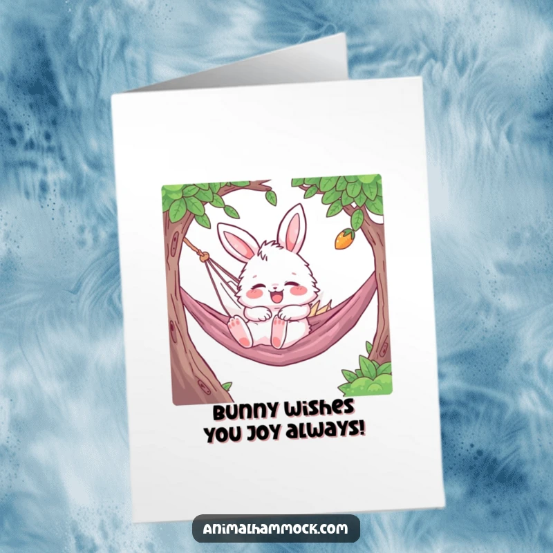 Funny Free Printable Bunny Birthday Card: Fluffy character gleefully bouncing while napping in a hammock, a sleepy surprise.