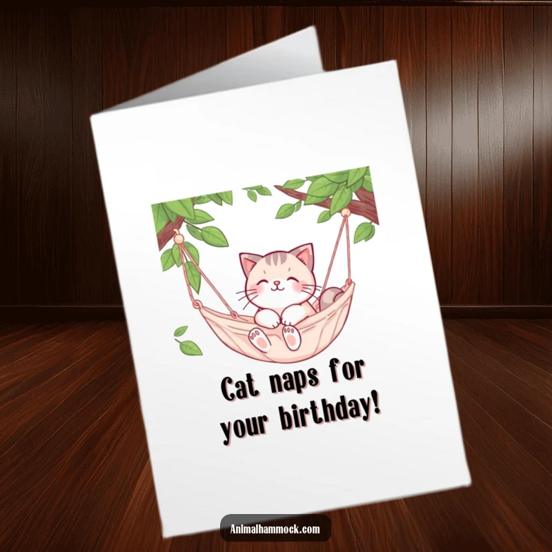 Funny Free Printable Birthday Card: A cute cat happily naps in a swaying hammock, embodying birthday relaxation.