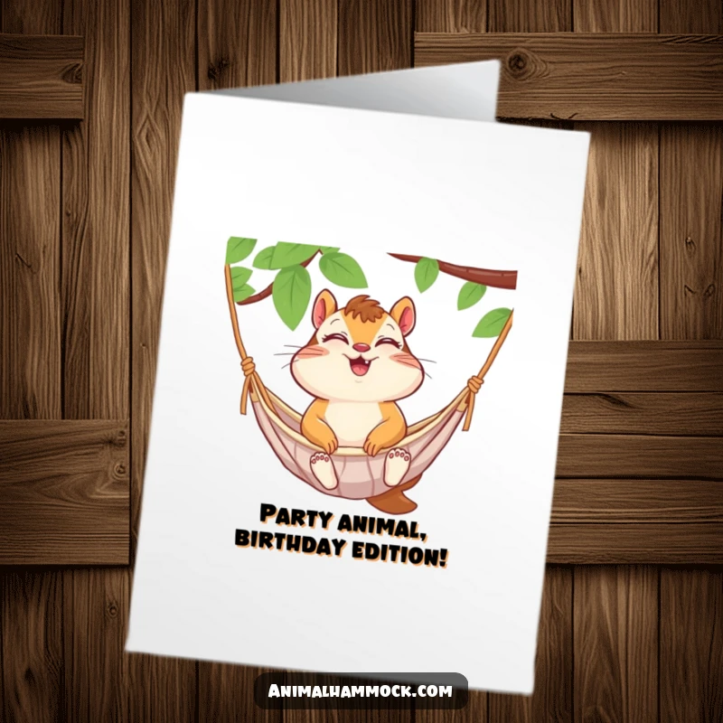 Funny Free Printable Birthday Card: A chipmunk giggles blissfully in a hammock, celebrating your birthday.