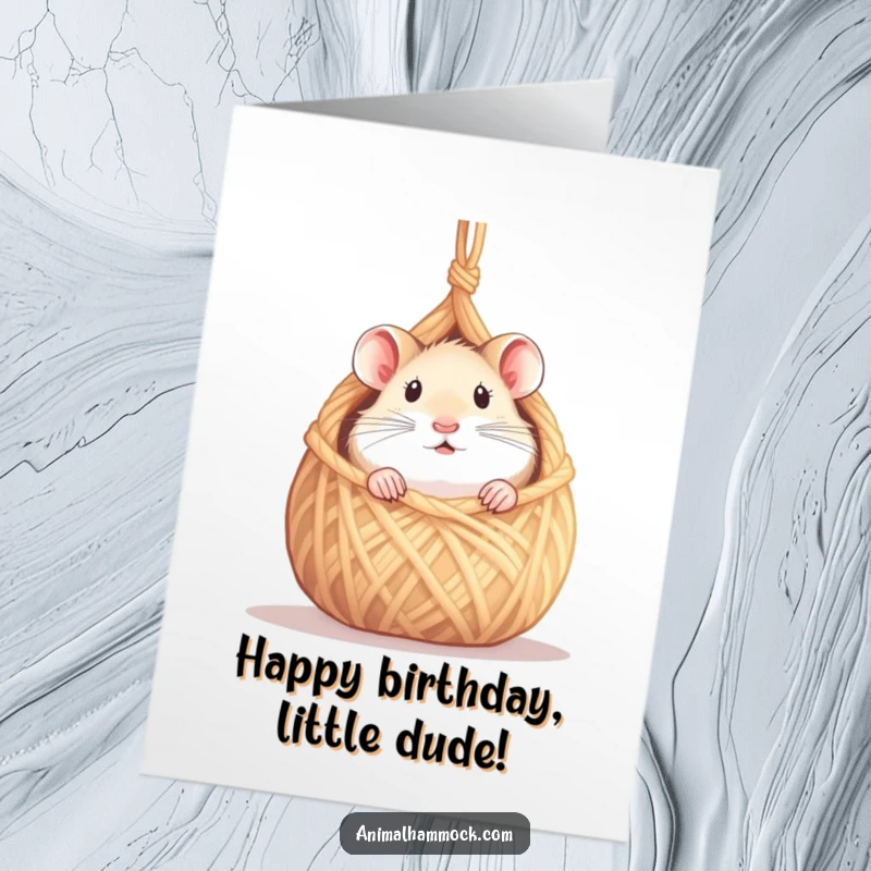Funny Free Printable Birthday Card: A curious hamster peeking out from its tiny, cozy yarn hammock.