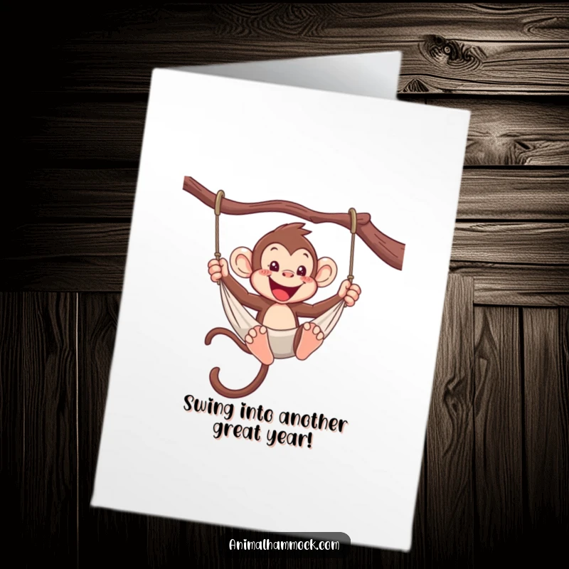 Funny Free Printable Birthday Card: Energetic monkey swinging joyfully from a hammock, celebrating with wild abandon.