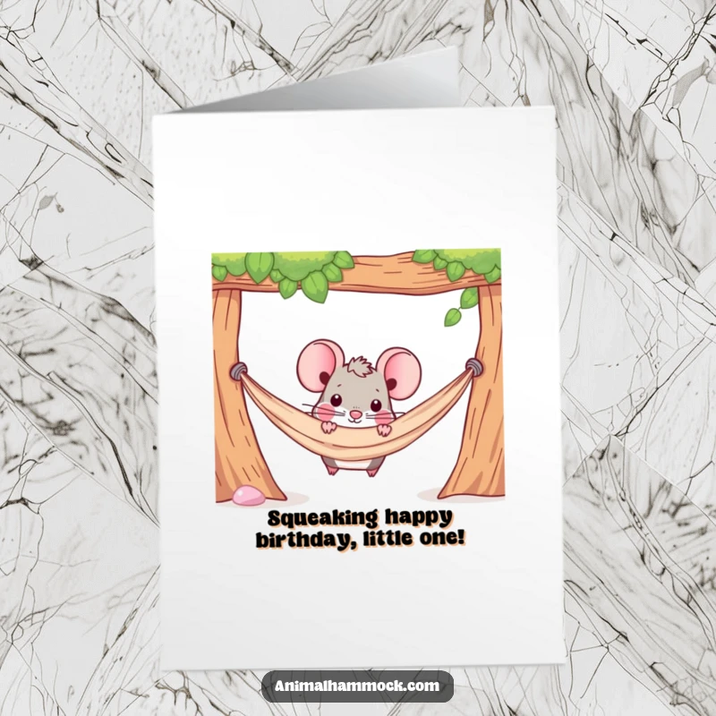 Funny Free Printable Birthday Card: Determined mouse peeking playfully from under a hammock, a humorous birthday surprise.