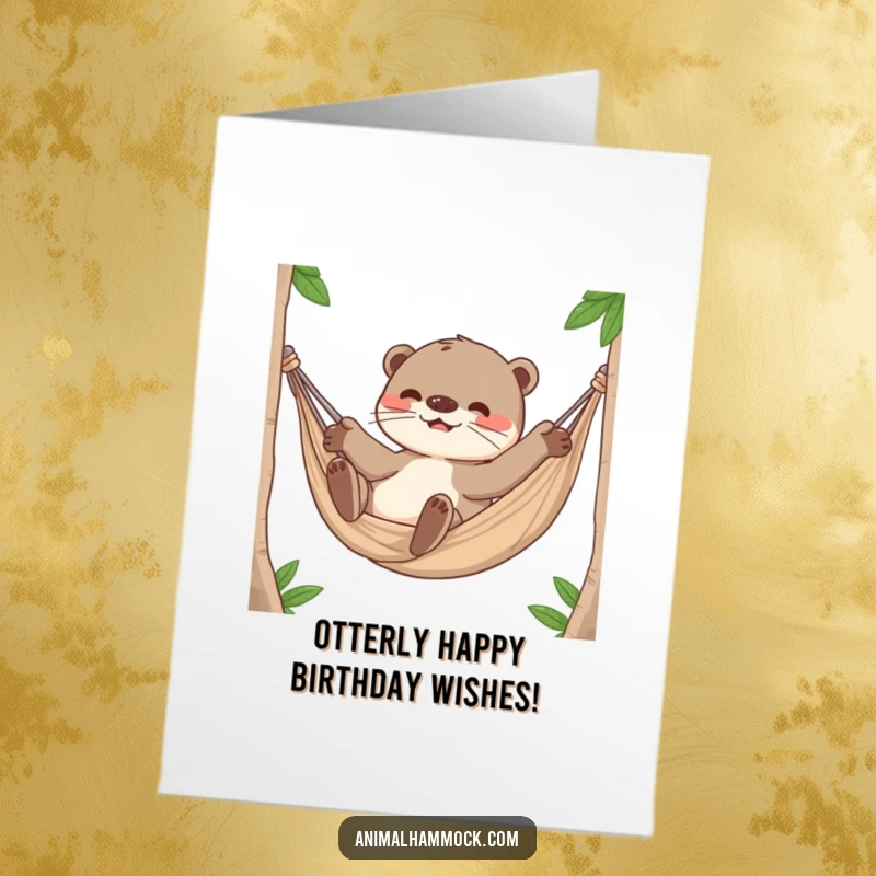 Funny Free Printable Birthday Card: Playful otter character rolling around happily inside a hammock, full of mischief.