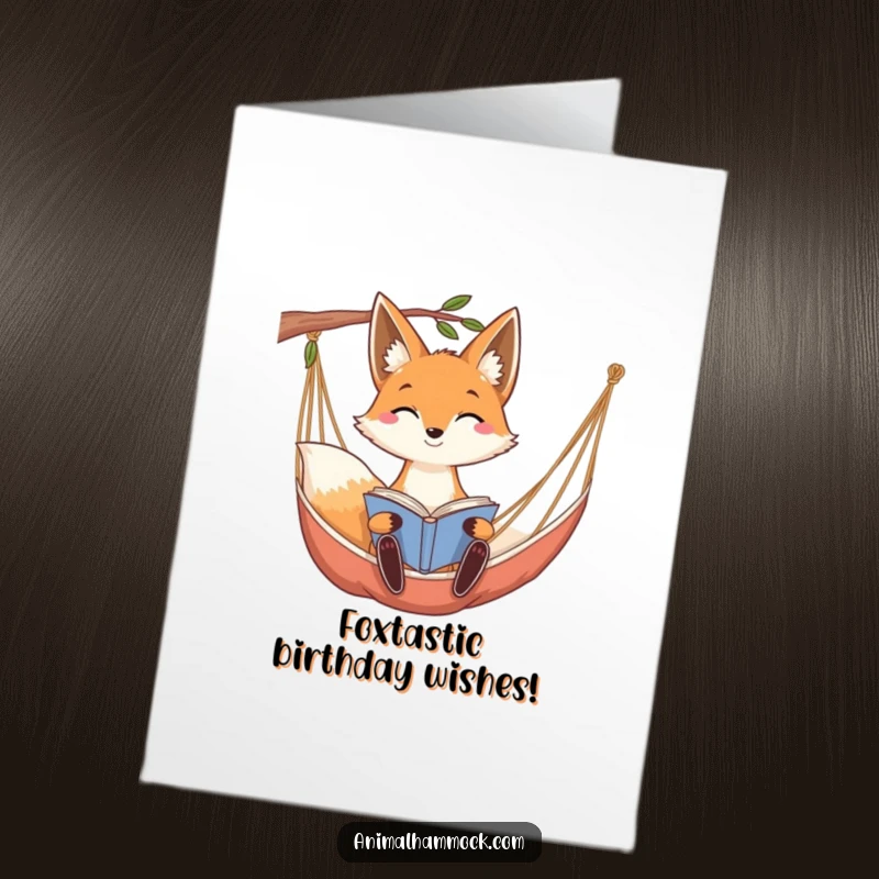 Funny Free Printable Birthday Card: Smiling fox with long ears reading a book in a hammock.