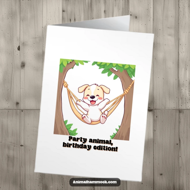 Funny Free Printable Birthday Card featuring a playful puppy bouncing high in a hammock, full of birthday energy.