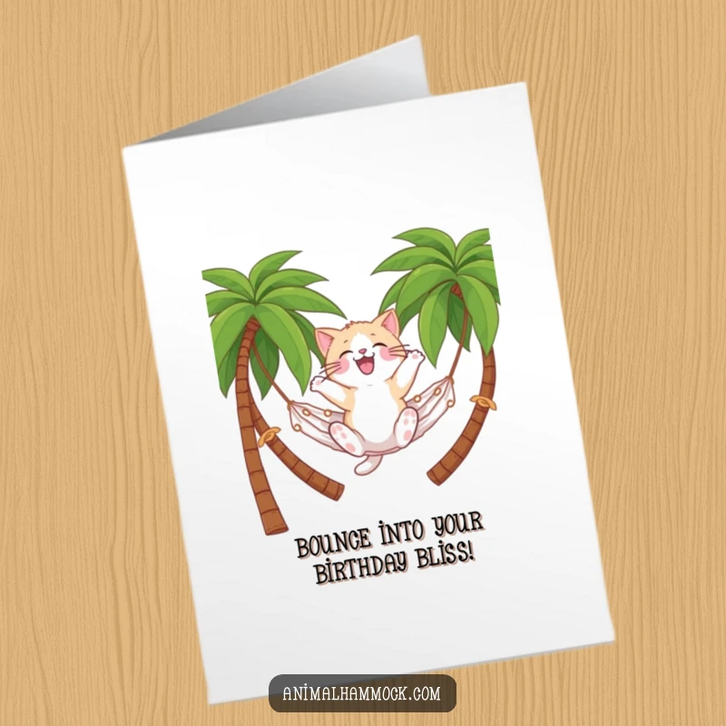 Funny Free Printable Cat Birthday Card: A fluffy cat joyfully bouncing on a hammock between palm trees, celebrating with pure bliss.
