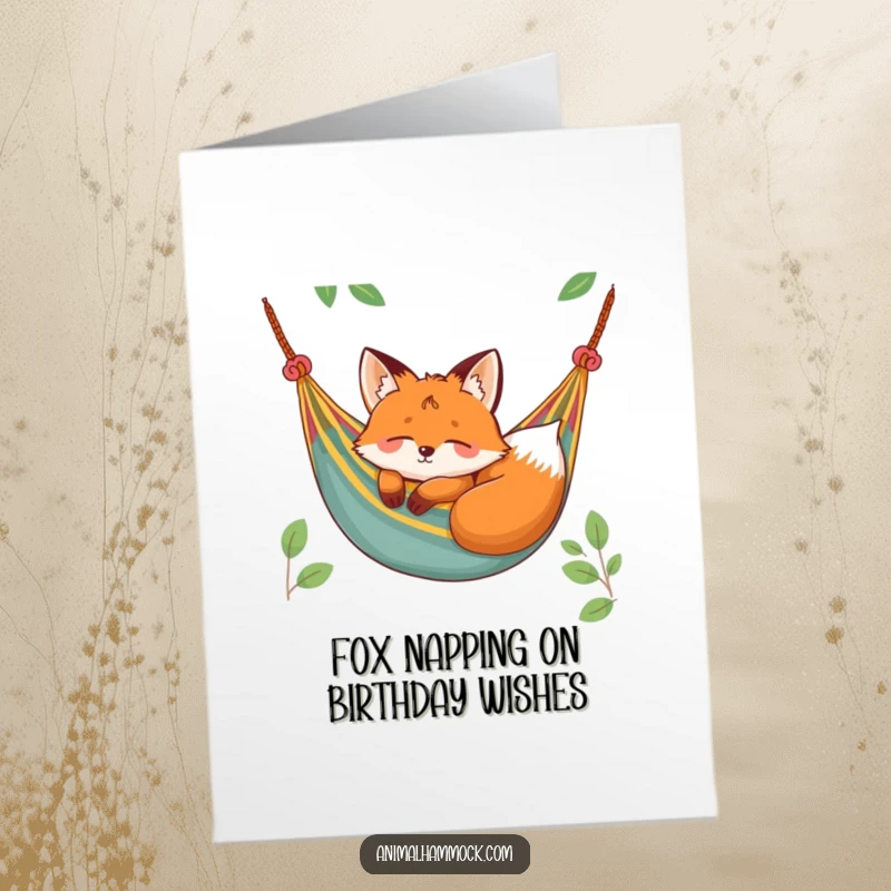 Funny Free Printable Birthday Card: Cheerful fox napping peacefully in a colorful hammock, sending happy birthday wishes with a calm and cozy vibe.