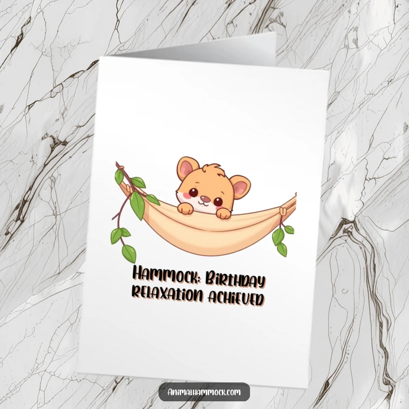 Funny Free Printable Birthday Card: Playful animal peeking over a hammock, ready to wish you a happy birthday with mischief.