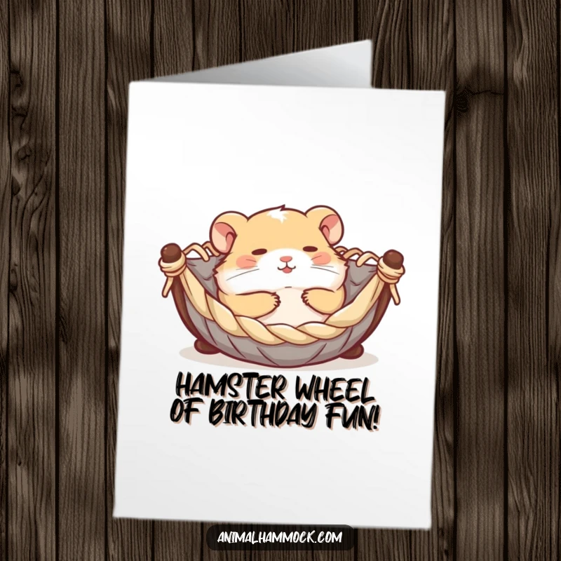 Funny Free Printable Birthday Card: A contented hamster joyfully rolling in a tiny hammock, celebrating a special birthday with glee.