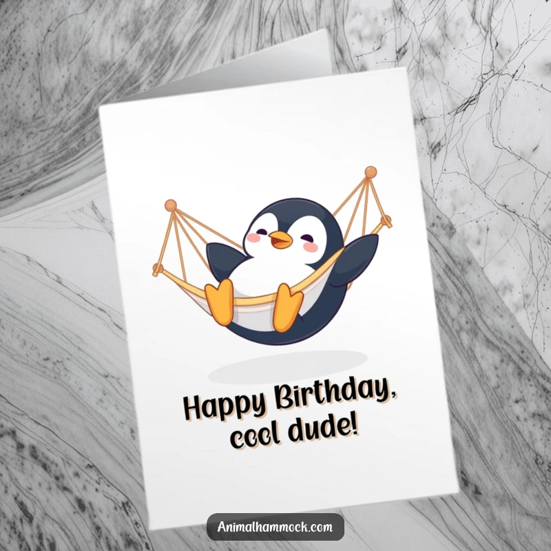 Funny Free Printable Birthday Card featuring a contented penguin gleefully sliding into a hammock, embracing pure joy.