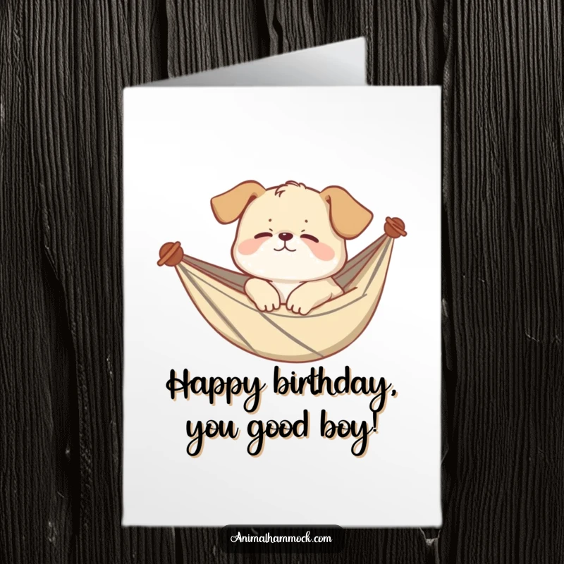 Funny Free Printable Birthday Card: A giggling puppy sleeping peacefully in a hammock, dreaming of happy birthdays.