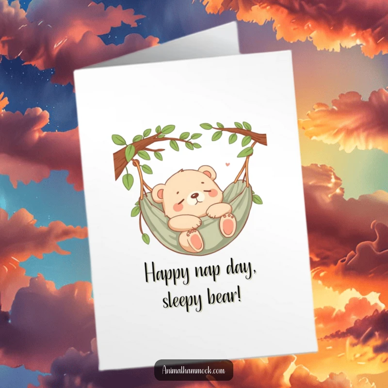 Funny Free Printable Birthday Card: A very content bear cub fast asleep in a gently swaying hammock.