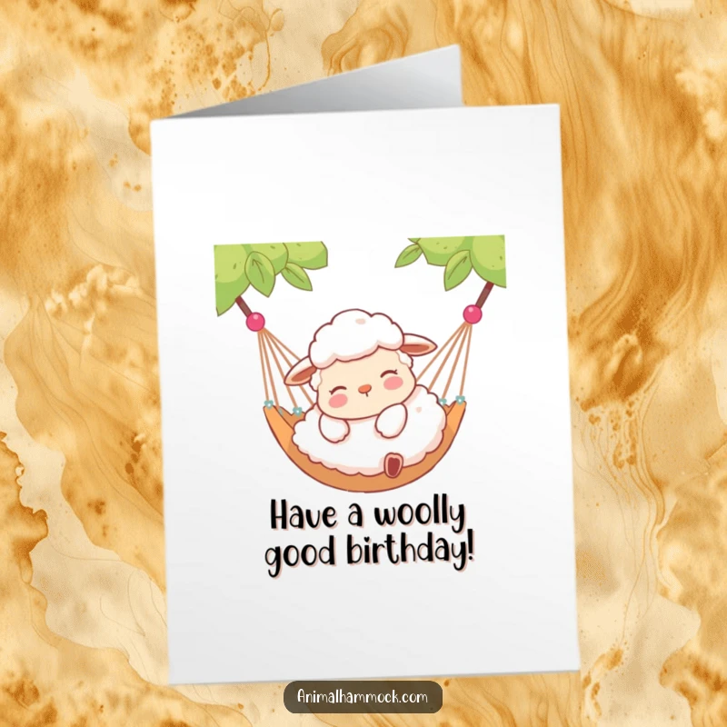 Funny Free Printable Birthday Card featuring a contented sheep peacefully lying in a hammock, embodying relaxation.