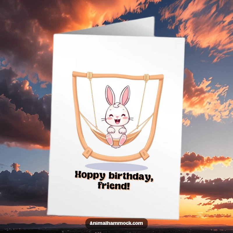 Funny Free Printable Birthday Card: A cheerful bunny joyfully bouncing in a hammock, spreading birthday cheer easily.