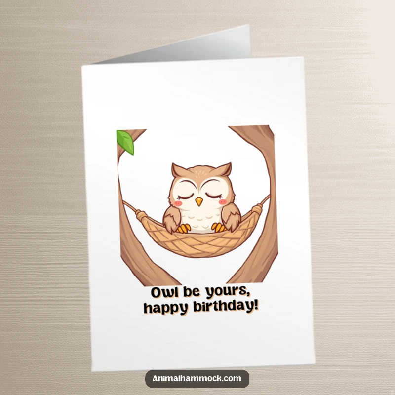 Funny Free Printable Birthday Card: Contented owl with closed eyes sleeping soundly in a woven hammock.