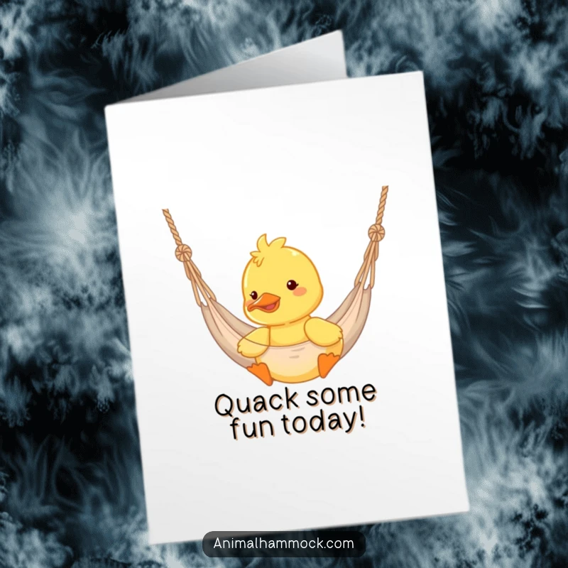 Funny Free Printable Birthday Card: Cheerful yellow duckling bouncing in a hammock, ecstatic, feathers ruffled, ready to party.