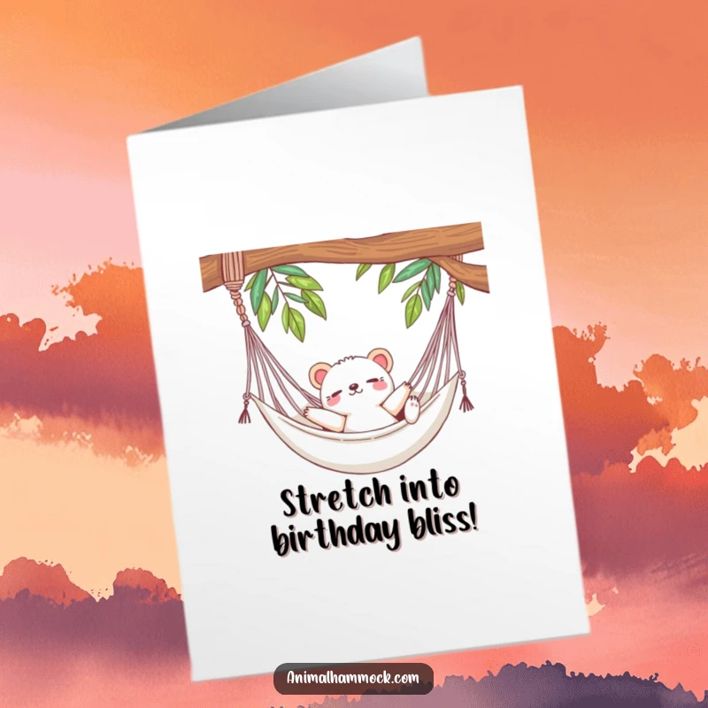 Funny Free Printable Birthday Card: A cute animal stretching out luxuriously in a gently swaying hammock, looking utterly content.