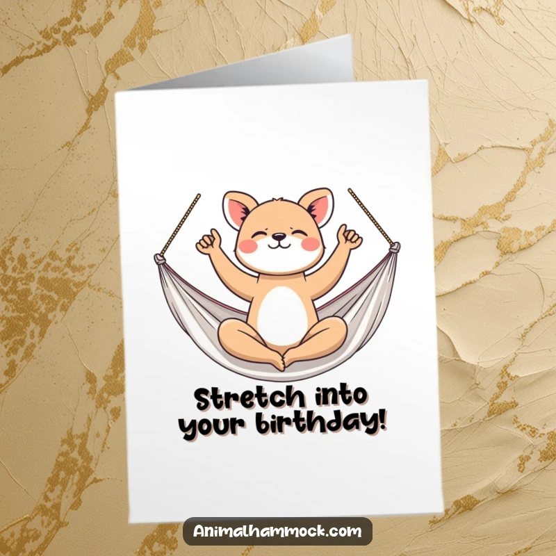 Funny Free Printable Birthday Card: Athletic animal doing yoga in a hammock, celebrating their birthday with zen.