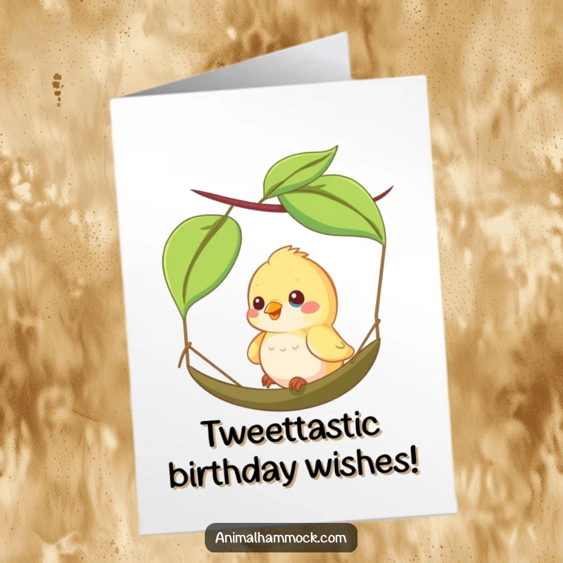 Funny Free Printable Birthday Card: A happy little bird joyfully swinging back and forth on a tiny leaf hammock, celebrating a birthday.