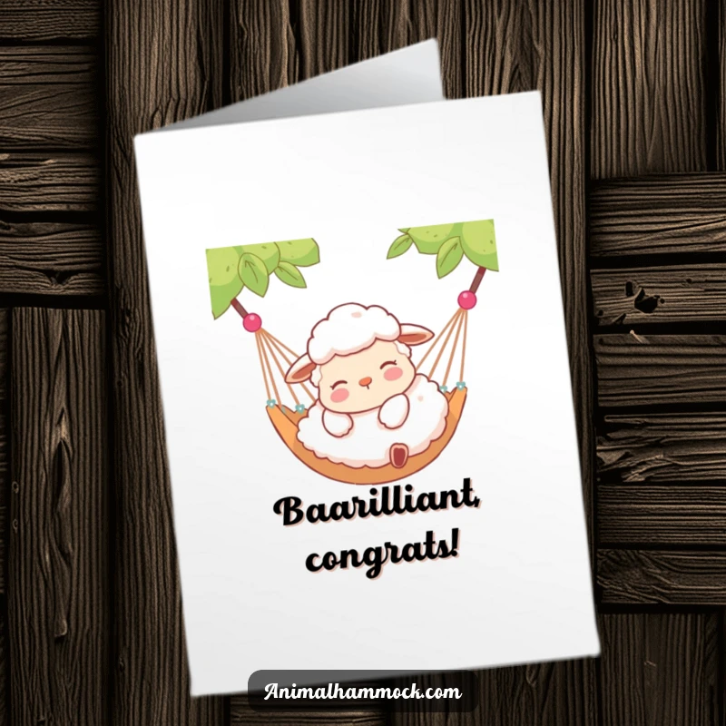 Funny Free Printable Congratulations Card showing a contented sheep relaxing in a hammock, signifying peaceful success.