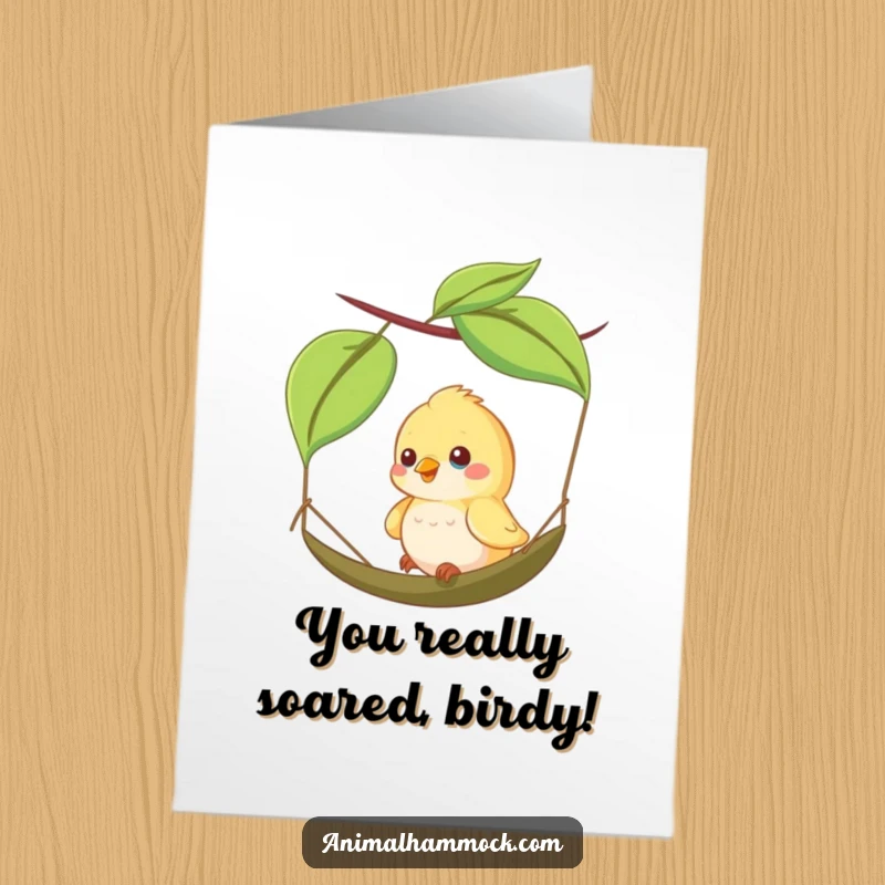 Funny Free Printable Congratulations Card: A happy little bird swinging merrily on a tiny leaf hammock, conveying cheerful congratulations.