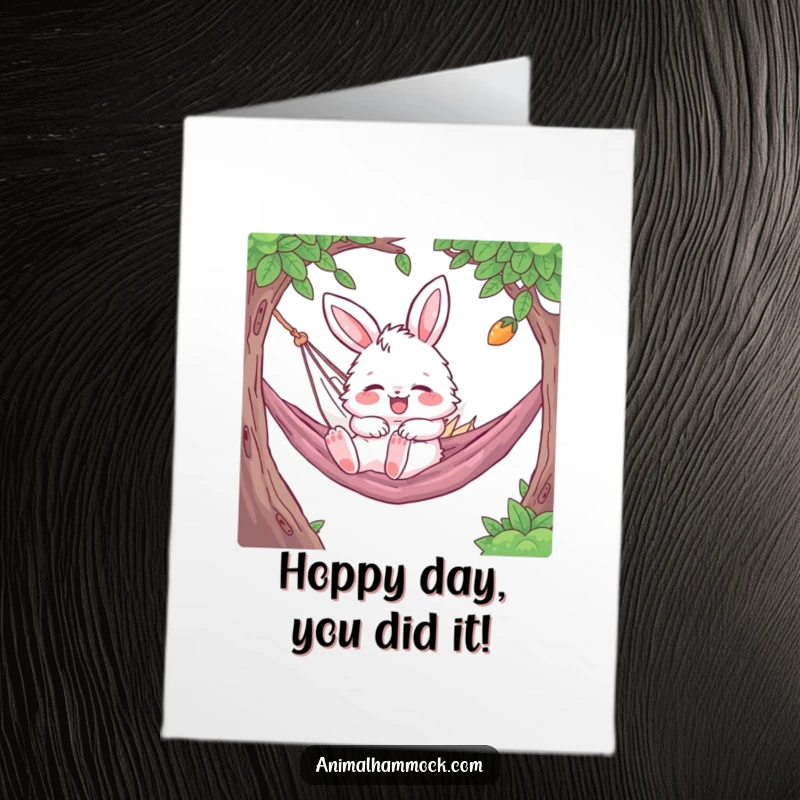 Funny Free Printable Bunny Congratulations Card: Fluffy character gleefully bouncing while napping in a hammock, perfect for big news.