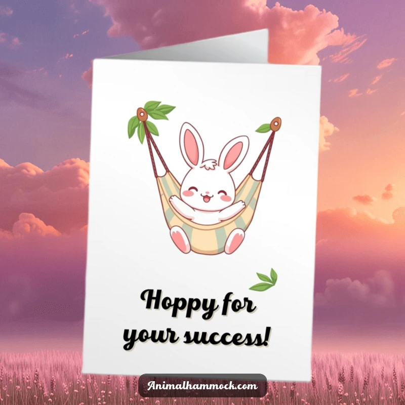 Funny Free Printable Congrats Card: Cheerful bunny character bouncing gently in a striped hammock, radiating happiness.