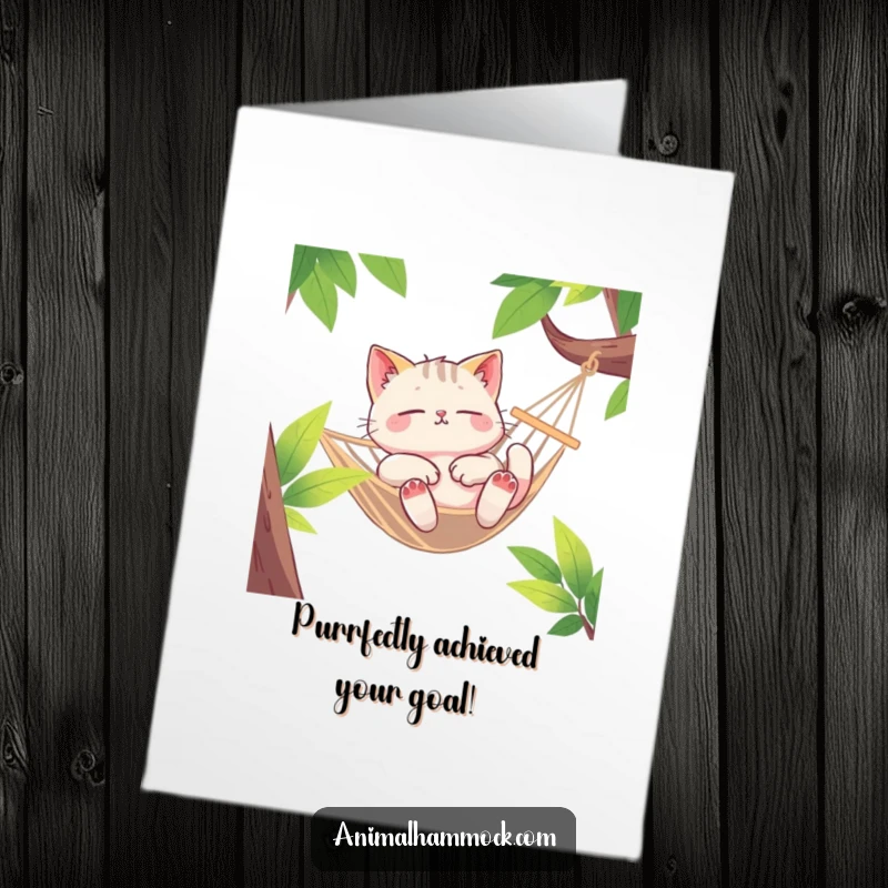 Funny Free Printable Congrats Card: Euphoric cat deeply lounging in a swaying hammock, conveying pure bliss.