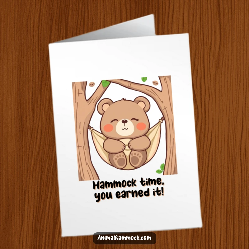 Funny Free Printable Congratulations Card: A contented bear snoozes peacefully in a hammock, celebrating your success with ultimate relaxation.