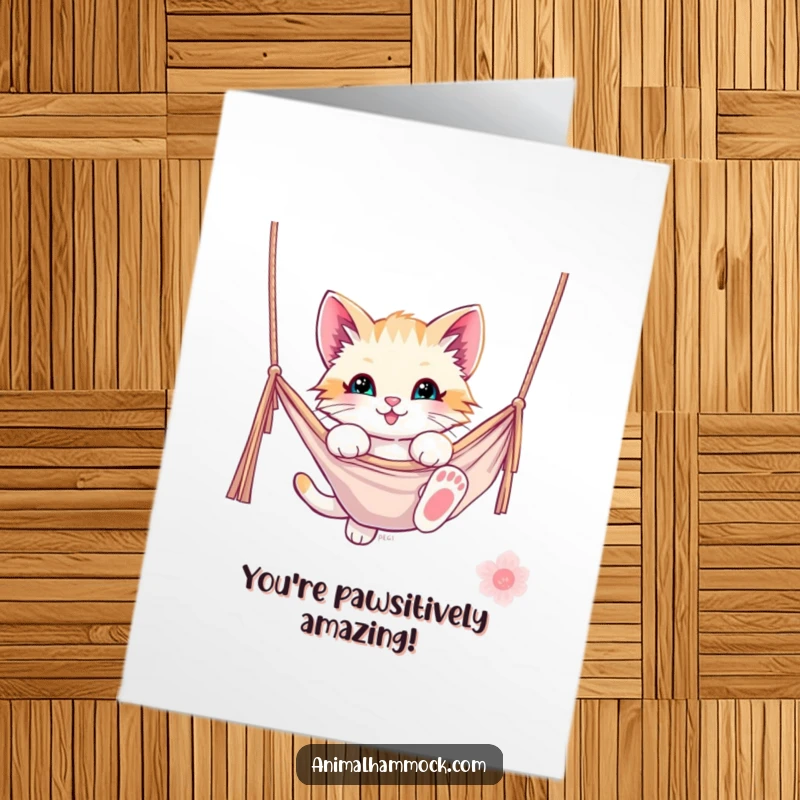Funny Free Printable Congratulations Card: A happy kitten swinging from a hammock, celebrating joyous news with playful delight.