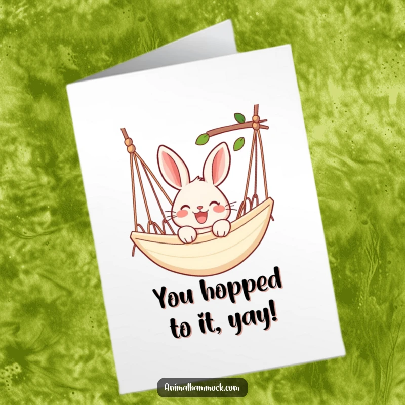 Funny Free Printable Congratulations Card: A joyful rabbit peeking from a hammock, celebrating relaxation and success.