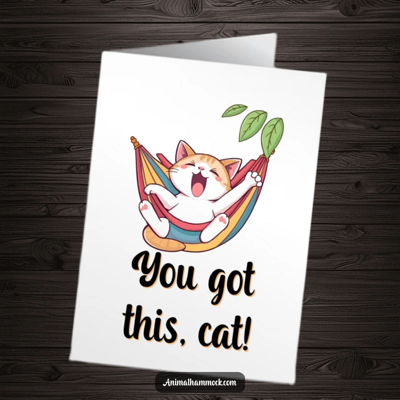 Funny Free Printable Congrats Card: A languidly yawning cat enjoying a peaceful lounge in a colorful hammock.
