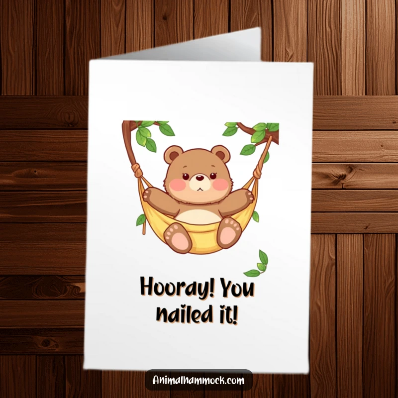 Funny Free Printable Congratulations Card: A cheerful bear cub lounging lazily in a hammock, ideal for celebratory wishes.