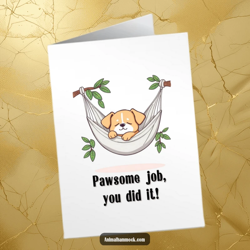 Funny Free Printable Congratulations Card: A content dog catching Zs in a hammock, symbolizing relaxation.