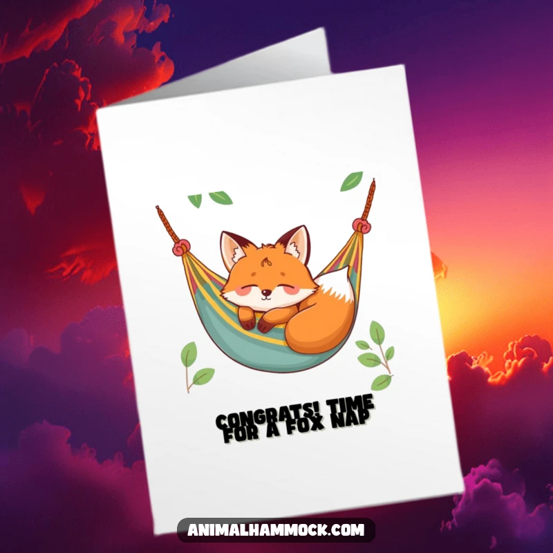Funny Free Printable Congratulations Card: Cheerful fox peacefully napping in a hammock, conveying congratulations with a relaxed and contented spirit.